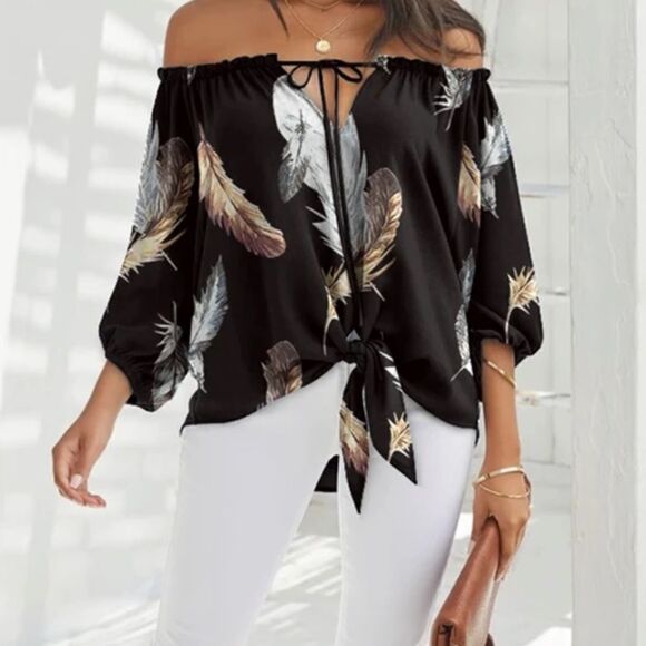 CLEARANCE ☀️ Black Off Shoulder Feather Print Tie Detail Top S - Picture 1 of 9